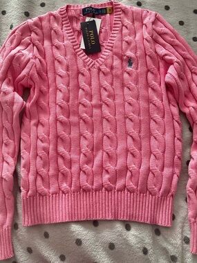 Polo by Ralph Lauren Bright Pink Cable-Knit Cotton V-Neck Sweater Womens S NWT